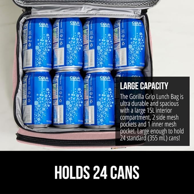 GORILLA GRIP Reusable Insulated Lunch Box Bag for Women Men,15L, Leakproof XL Soft Cooler Bags, Multiple Compartments, Mesh Pockets and Adjustable Strap, Food Tote Keeps Drinks Cold, 13x9, Pink