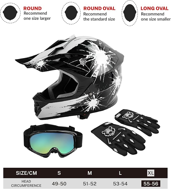 TCT-MOTORPARTS DOT Youth Kids Motocross ATV Helmets Offroad Street Dirt Bike Go-Kart BMX MX Full Face Helmet Black w/White Fireworks X-Large Size