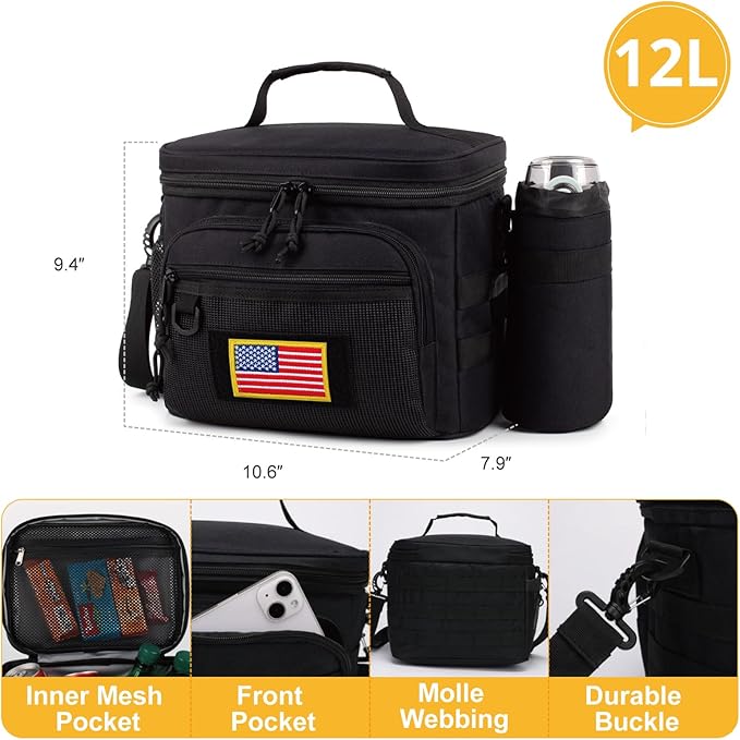Tactical Reusable Lunch Bag for Men/Women - Insulated Lunch Box Leakproof Lunch Pail Freezable with Adjustable Shoulder Strap,Lunch Cooler Bag for Work Office Picnic Beach，Black