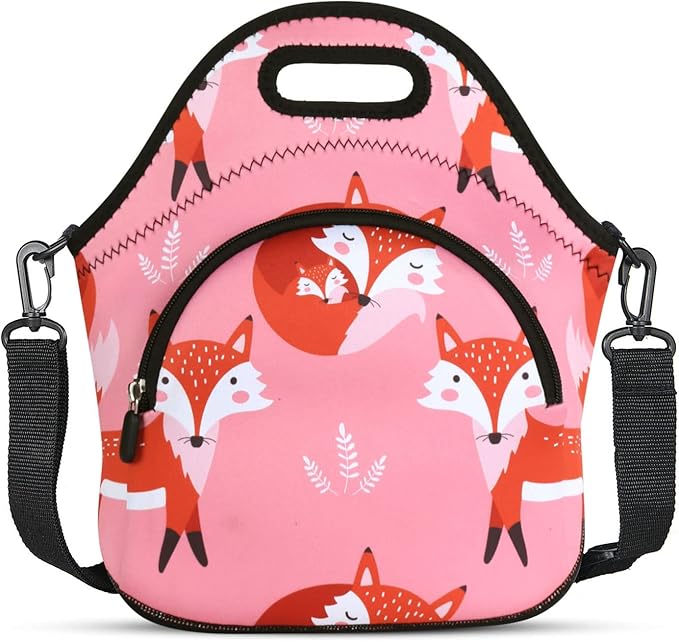 Violet Mist Neoprene Insutated Lunch Bag with Pocket Shoulder Strap Women Cute Animal Cartoon Lunch Box Resuable Waterproof Fox Pink LunchBag Tote Food Containers Gift Women Adult Work Picnic Travel