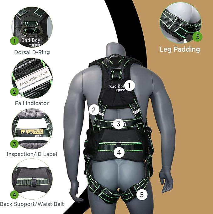 AFP Fall Protection Full-Body Premium Safety Harness, 8” Thick Support Belt, Aluminum D-Rings, Tongue Buckle (OSHA/ANSI PPE)
