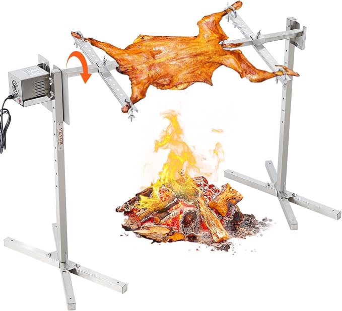 VEVOR Electric BBQ Rotisserie Grill Kit, 46 Inch 132 lbs Capacity, Automatic 52W Motor Height Adjustable Universal Roaster Stand, Stainless Steel Grilling Kit, Spit Rod with Heat Shield for Pig Lamb
