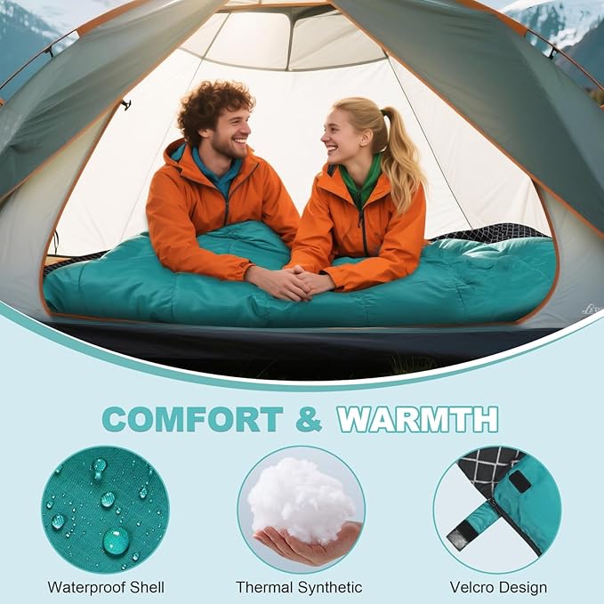 AGEMORE Cotton Flannel Double Sleeping Bag for Camping, Backpacking Or Hiking. Queen Size 2 Person Waterproof Sleeping Bag for Adults Or Teens. Lightweight with Compression Sack