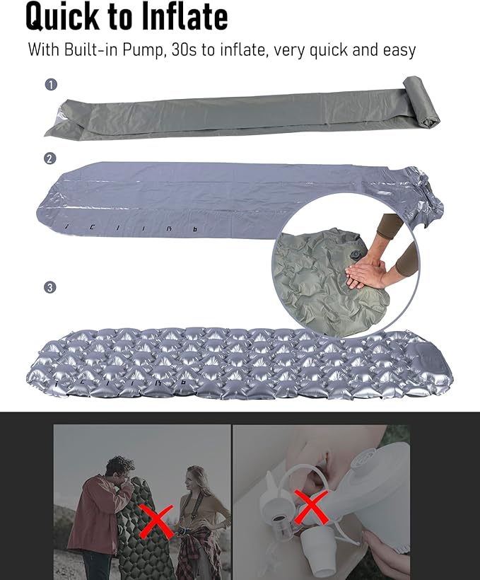 iClimb Ultralight Compact Sleeping Pad with Built-in Pump Inflatable Portable Air Mattress for Camping Backpacking Hiking (Silver)