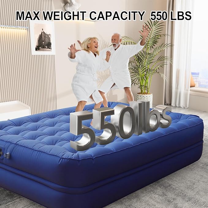 Air Mattress Queen with Built-in Pump - 3 Min Fast Inflation/Deflation Wireless Rechargeable Pump, Portable Camping Air Bed, Cooling Pongee Fabric Blow Up Mattress, (18" Indigo)