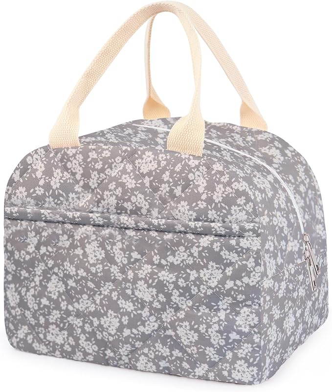 Cotton Quilted Insulated Lunch Bag, Cute Quilted Floral Lunch Tote Bags Reusable Insulated Lunch Box Coquette Aesthetic Large Capacity Insulated Cooler for Women Men Work Travel Picnic (Grey)