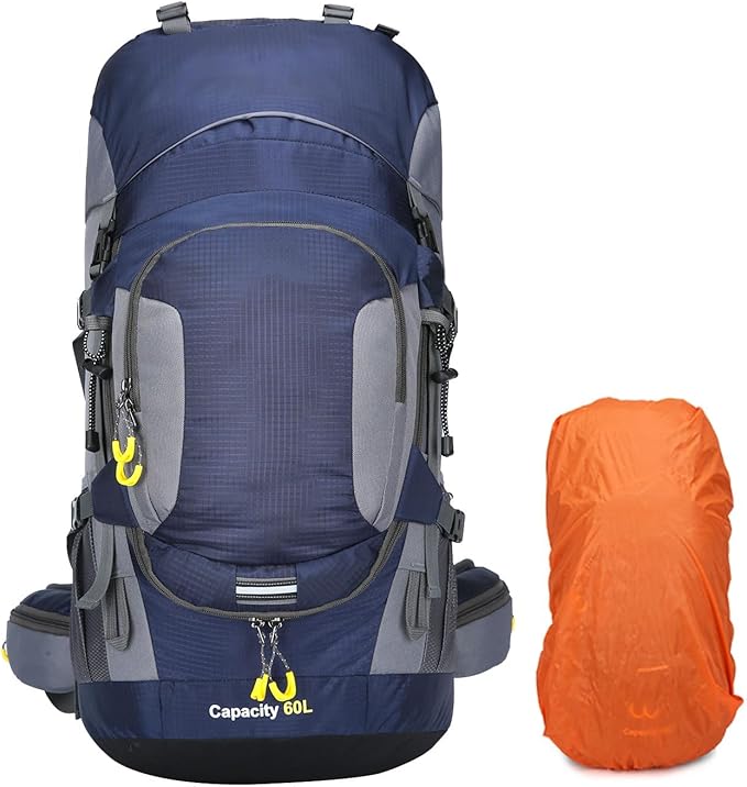 ShowyLive 60L Waterproof Hiking and Camping Backpack for Men - Durable, Lightweight Large Hiking Backpack with Rain Cover, Multi Compartments, and Adjustable Straps, Blue