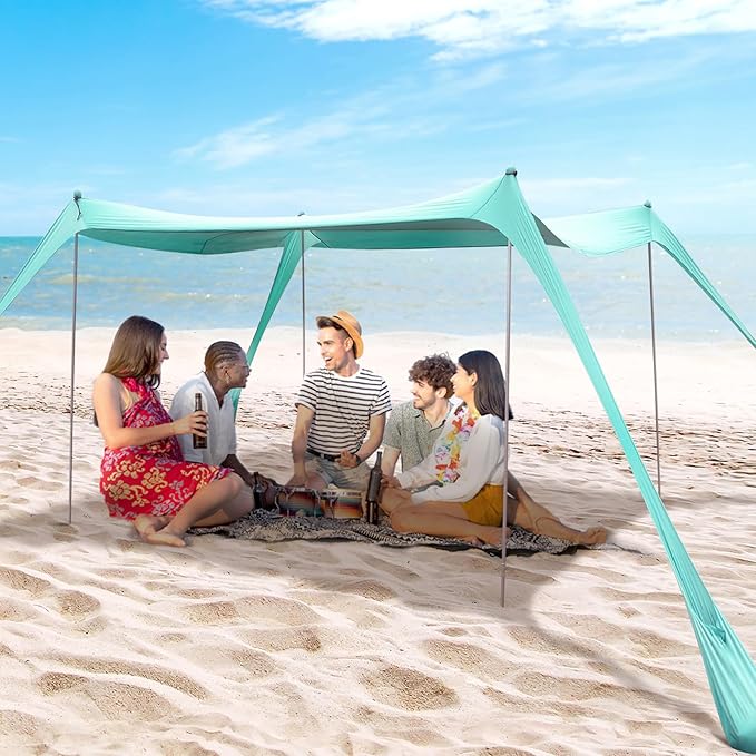 BOTINDO Family Beach Tent Canopy Sun Shade, Pop Up Grande Beach Tent Sun Shelter Stability 4 Poles with Portable Carry Bag Outdoor Shade for Fishing Backyard Camping (Mint Green, 10x10FT 4Pole)
