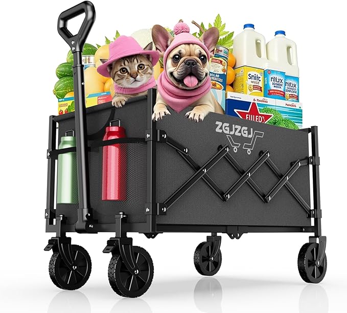 Collapsible Wagon with Wheels, 380LBS Heavy Duty Folding Utility Cart with Wheels for Shopping, Garden Work, Cargo Transport, Easy Storage and Maneuver