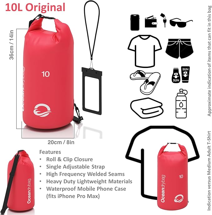 Oceandrybag - Waterproof Dry Bag Backpack - Floating Dry Sack Portable for Kayaking, Beach, Rafting, Boating, Hiking, Camping, Fishing with Waterproof Phone Case