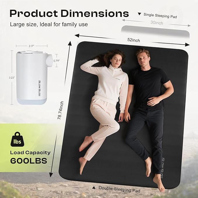 Self-Inflating Sleeping Pad with Portable Electric Pump 4in Thick Memory Foam Camping Mattress for Tent Cot & Car Travel, Fast Inflate & Deflate Camping Pad, Black