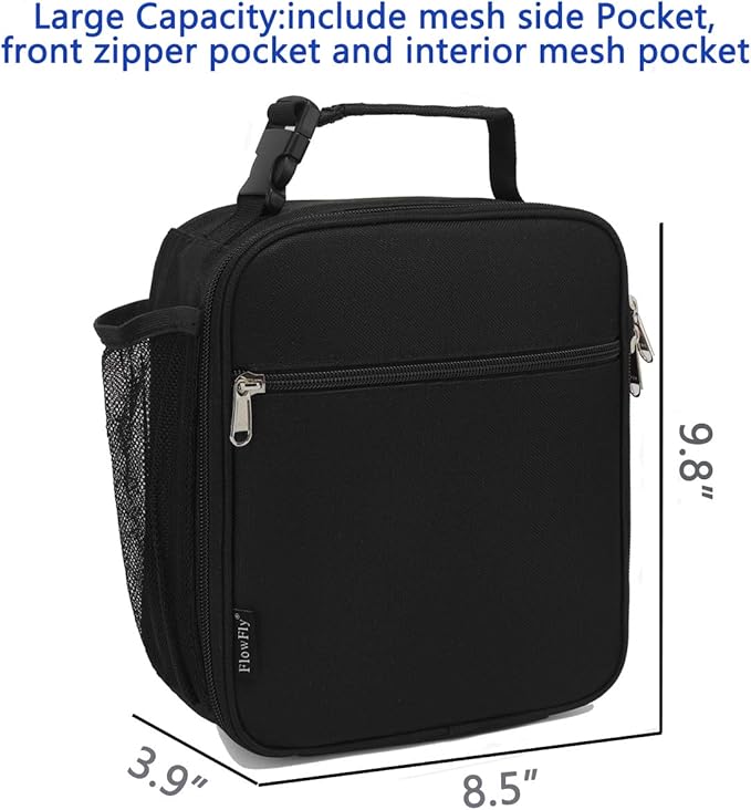 FlowFly Kids Lunch Box Insulated Letter Print Soft Bag Mini Cooler Back to School Thermal Meal Tote Kit for Girls, Boys, Black