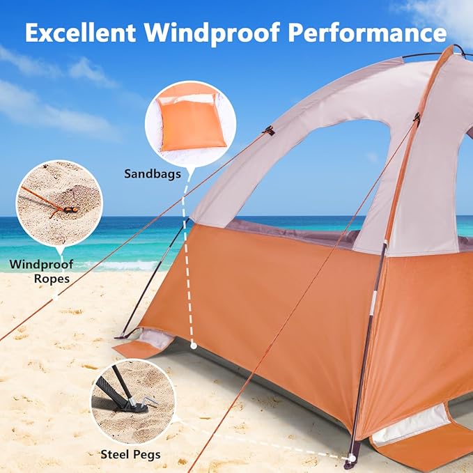 NXONE Beach Tent Sun Shade Shelter for 6 Person with UV Protection, Extended Floor, 3 Mesh Roll Up Windows & 8.5mm Fiberglass Rods丨Carry Bag Included (Orange White)
