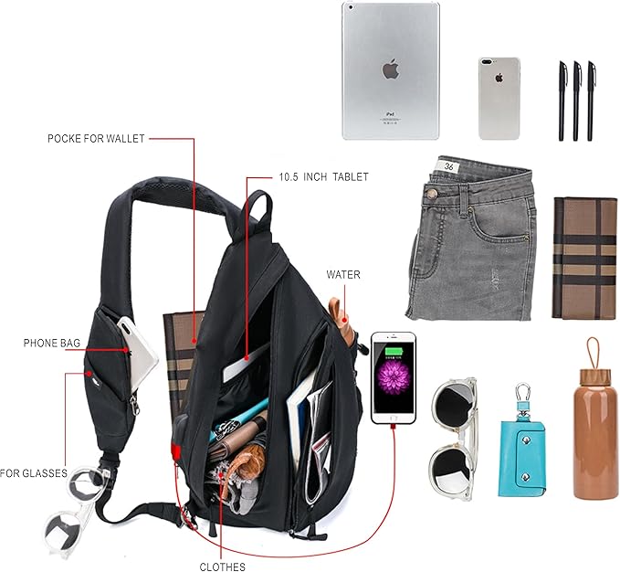 Water-Proof Sling bag/Crossbody Backpack/Shoulder Bag with USB Charging Port for Travel, Hiking, Cycling, Camping