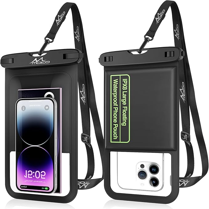 MoKo Floating Waterproof Phone Pouch - 9.5" Large Clear Phone Water Protector Pouch Dry Bag Case with Lanyard, Compatible for iPhone 14 13 12 Pro Max, Galaxy S23 S22 Ultra, 2 Pack Black+Black