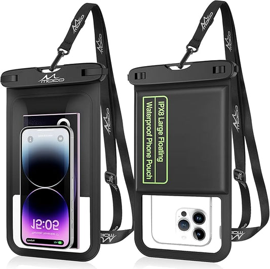 MoKo Floating Waterproof Phone Pouch - 9.5" Large Clear Phone Water Protector Pouch Dry Bag Case with Lanyard, Compatible for iPhone 14 13 12 Pro Max, Galaxy S23 S22 Ultra, 2 Pack Black+Black