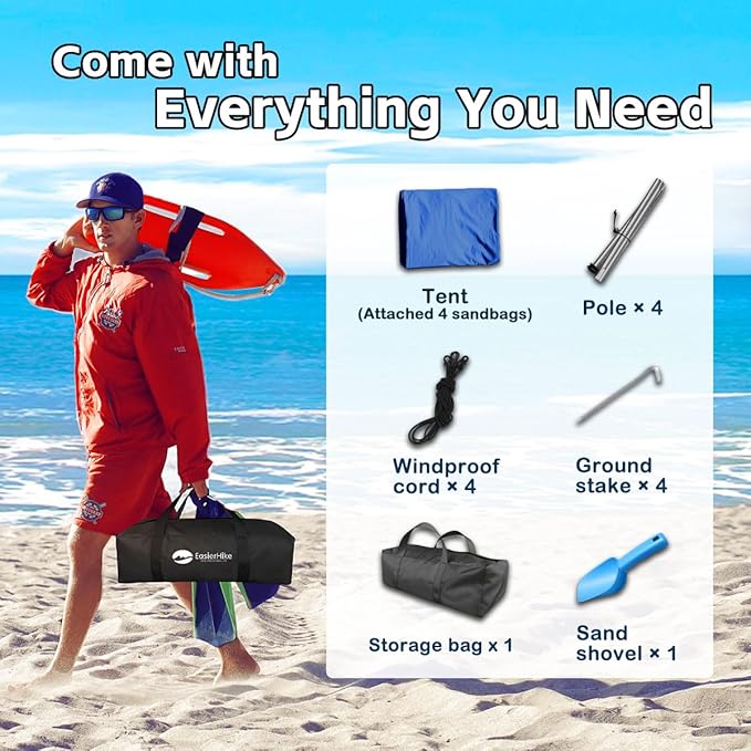 Beach Shade Tent, Portable Easy Pop Up Beach Canopy, UPF50+ Sun Protection Shelter, Windproof & Water Resistant, Perfect for Family