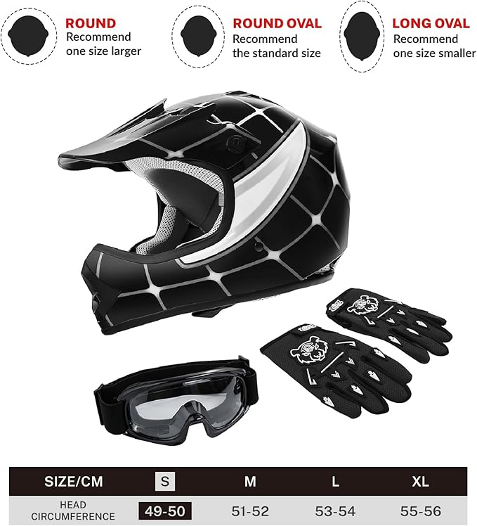 TCT-MOTORPARTS DOT Youth Kids Motocross ATV Helmets Offroad Street Dirt Bike Go-Kart BMX MX Full Face Helmet Black Spider Samll Size
