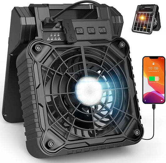 Solar Camping Fan with LED Lantern,10400mAh Rechargeable Battery Powered with Solar Panel and Emergency Power Bank, Perfect Quiet Battery Operated Tent Fan for Picnic, Barbecue, Fishing, Travel