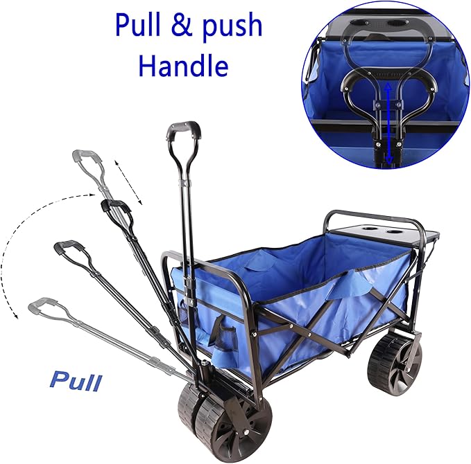Collapsible Folding Wagon Garden Shopping Beach Cart,Heavy Duty Utility Buggy with Big Wheels,Adjustable Handle and Cup Holder,for Sand,Camping,Outdoor,40.55",Blue