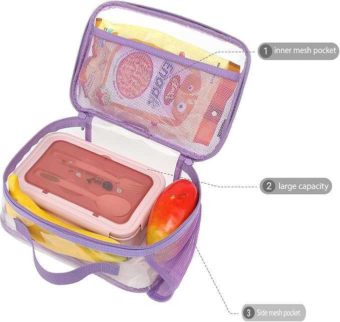 Insulated Lunch Box for School, Thermal Reusable Durable Freezable Lunch Bags for Kids Boys Girls Men Women - Small Soft Cooler Portable Lunch Tote Kit for Work Picnic Travel,Clear Purple