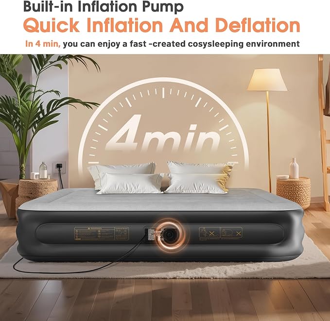 King Air Mattress with Built in Pump,15''Blow up Mattress 2 Mins Self-Inflation/Deflation,Thicker Inflatable Mattress Leak-Proof,Flocked Top Air Bed with Storage Bag for Home, Camping & Guests