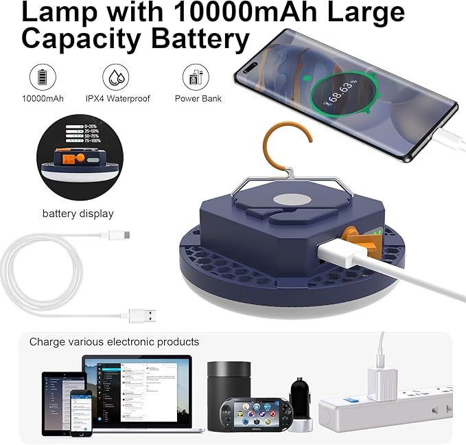 10000mAh Rechargeable Red Light Camping Light Insect Not Attract 4000LM Work Light White/Red/Pink/SOS Brightness Stepless Dimming, IP45 Waterproof Tent Light Power Failure