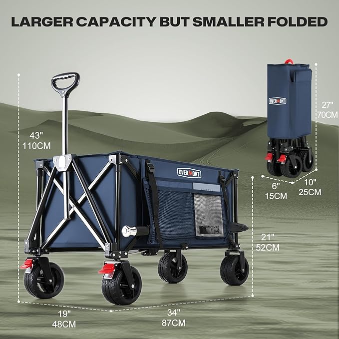 Overmont Collapsible Wagon Cart with Wheels - 220L Foldable Heavy Duty Wagon with Big All-Terrain Wheels - 330Lbs Weight Capacity with Side Pockets for Camping Sports Garden Grocery Shopping Blue