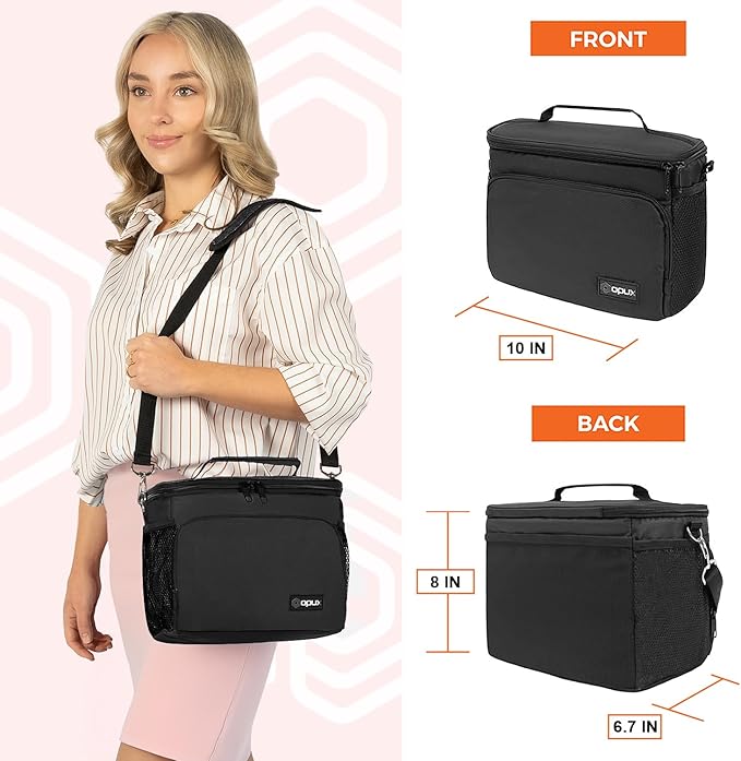 opux Insulated Lunch Bag for Men Women, Soft Lunch Box for Office Work School Picnic, Leakproof Lunch Cooler Bag with Shoulder Strap for Kid Adult Boy Girl, Medium Lunchbox Lunch Tote (Black)