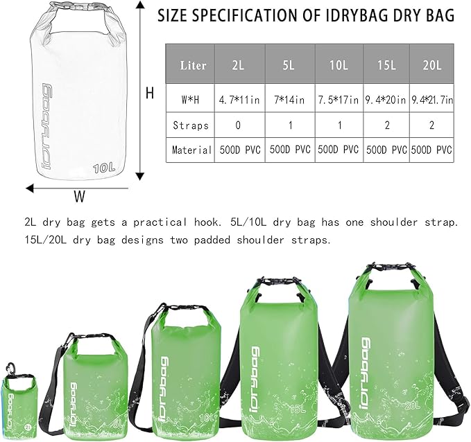 IDRYBAG Clear Dry Bag Waterproof 2L/5L/10L/15L/20L, Small Dry Sack Waterproof Bag for Kayaking