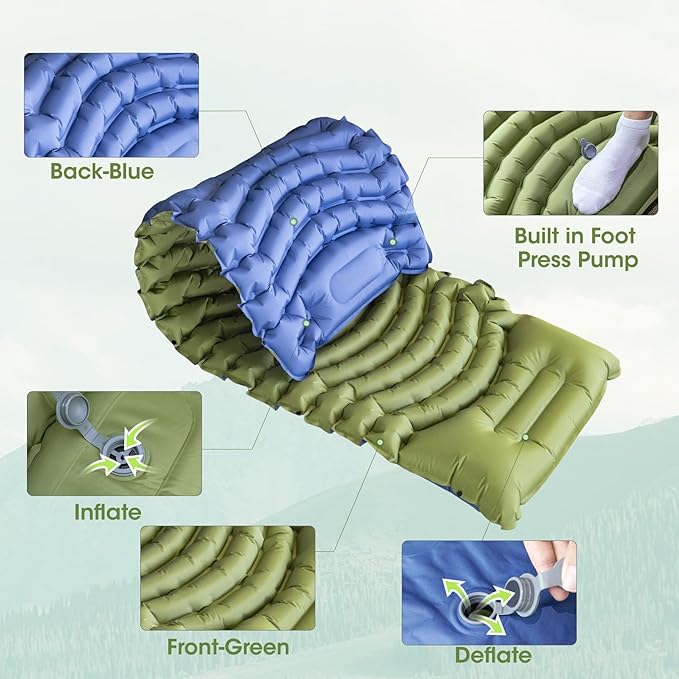 Sleeping Pad for Camping, Self Inflating Sleeping Pad Extra Thick Sleeping Mat with Pillow Built-in Foot Pump, Ultralight Inflatable Sleeping Pads Connectable Air Mattress for Backpacking