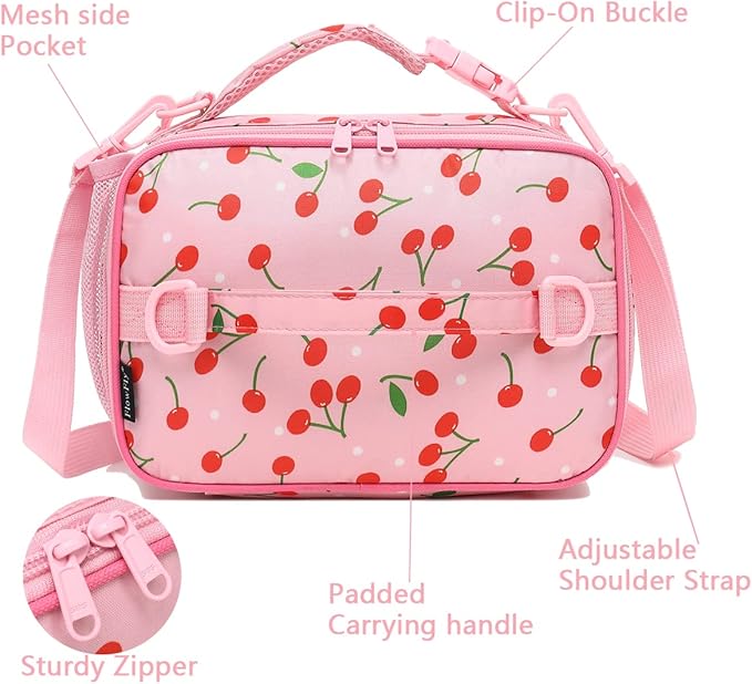 FlowFly Kids Lunch Bag, Durable Insulated School Lunch Box with Shoulder Strap and Bottle Holder, Water-resistant Thermal Small Lunch Cooler Tote for Teen Boys & Girls,Cherry