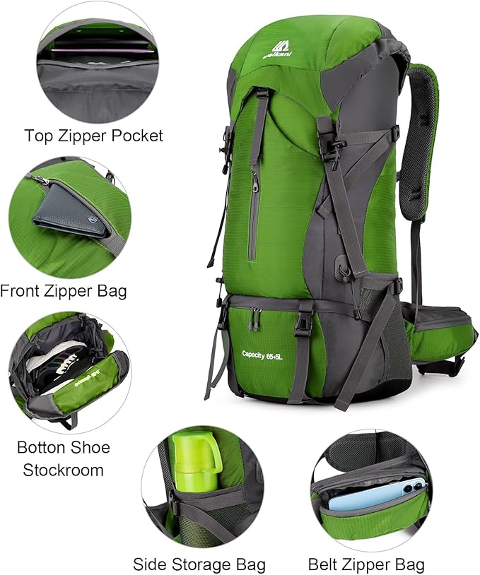 ShowyLive 70L Large Lightweight Waterproof Packable Foldable Travel Camping Hiking Outdoor Sports Backpack Daypack for Men Women, 900D Hiking Bag with Rain Cover, Grass Green