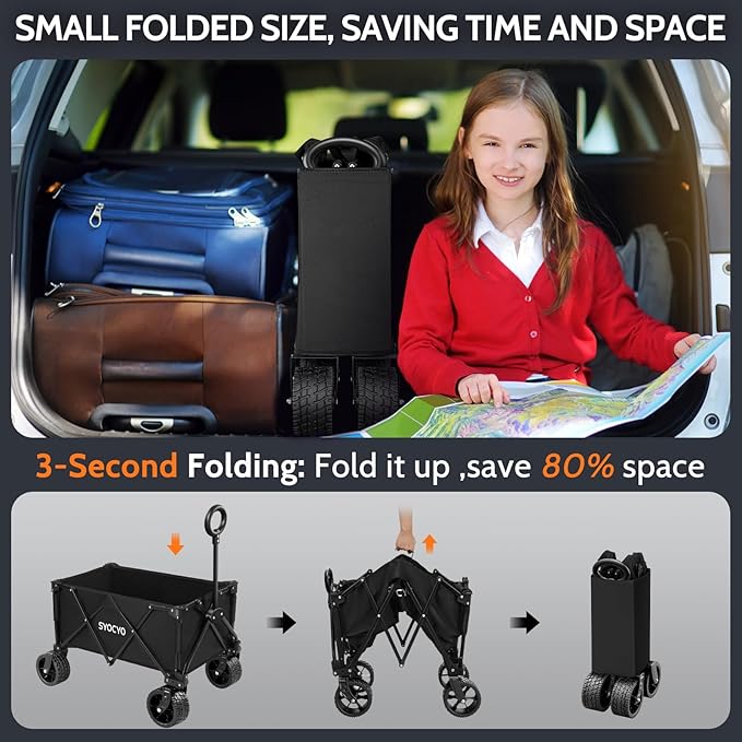 Collapsible Folding Wagon Cart, Heavy Duty Wagon Foldable with 330lbs Weight Capacity, Utility Garden Cart, Beach Wagons with All-Terrain Wheels for Camping, Sports, Shopping, Black