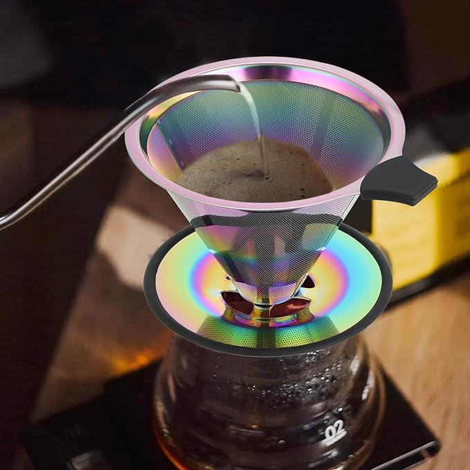Pour Over Coffee Dripper Filter: Reusable Stainless Steel Coffee Filters - Metal Cone Filter Paperless Single Cup Coffee Maker 1-4 Cup with Double Mesh & Non-slip Cup Stand Multicolour
