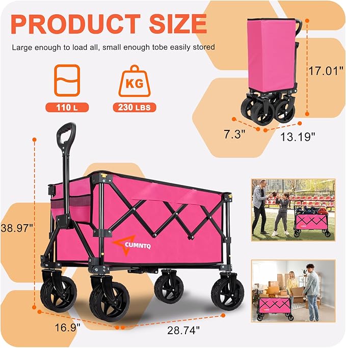 Collapsible Wagon Cart with Wheels, Heavy Duty Foldable Wagon Cart with 230lbs Weight Capacity, Utility Beach Wagons Portable for Outdoor, Grocery, Camping, Shopping, Rose Red