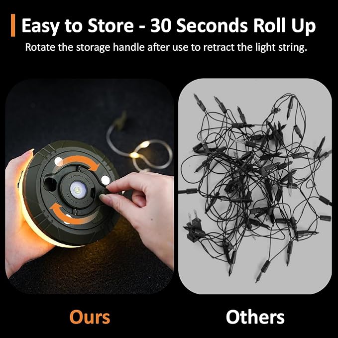 Camping String Lights with 8 Modes, 4 in 1 Portable Camping Light Rechargeable, USB Charging, Quick Storage, 32.8ft Waterproof Tent Light for Camping, Hiking, Christmas