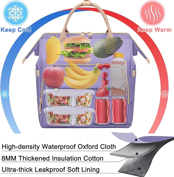 AIJIEKE Lunch Bag for Women, Large Lunch Box for Work Insulated Lunch Bag, Adult Leakproof Lunch Tote Cooler Bag with Side Pockets & Adjustable Strap, Lunch Purse for Picnic Beach, Purple