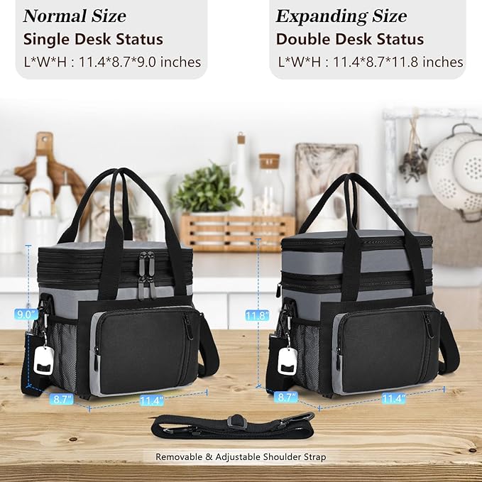 LOKASS Lunch Bag & Lunch Box for Men Women - Double Deck Expandable Insulated Waterproof Leakproof Cooler Bag for Work/Picnic - Grey