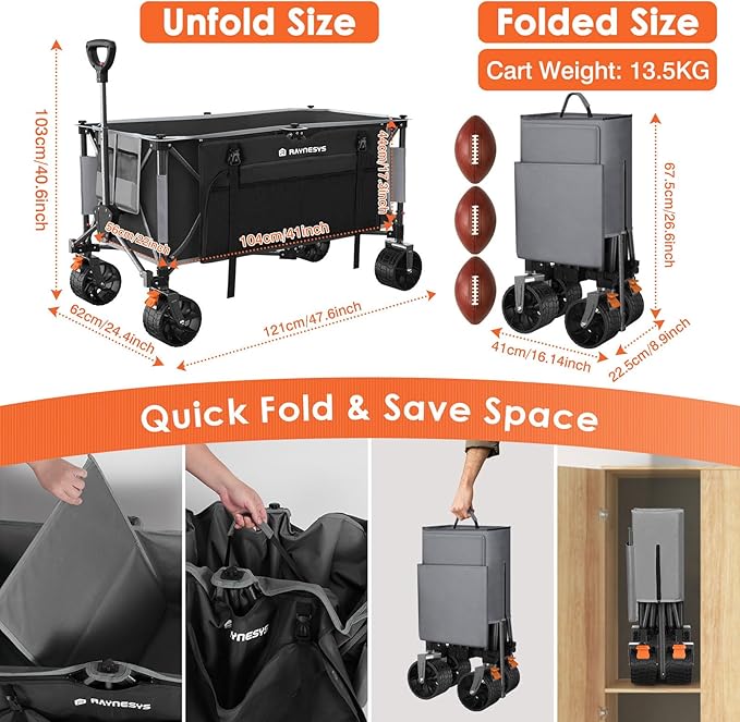 300L Collapsible Wagons Cart with Wheels Foldable, 440lbs Heavy Duty Folding Wagon, Upgraded Effortless Elegance, Foldable Wagon for Sports Beach Grocery Camping, Black & Gray