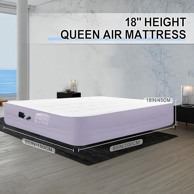Queen Air Mattress with Built-in Pump-18 Duty Inflatable Mattress for Camping,Guest Bed&Emergency Use-Dutch Velvet Cloud Comfort,3-Min Fast Inflation,600lbs Support,Portable Blow Up Air Bed-Purple