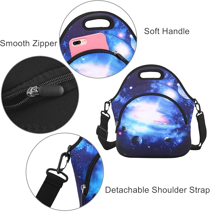 Violet Mist Womens Neoprene Insulated Galaxy Space lunch Bag Lunch Tote Bag Thermal Lunch Box with Extra Pocket Detachable Adjustable Shoulder Lunchbox Food Handbags Gift for Women Men Blue Star Sky