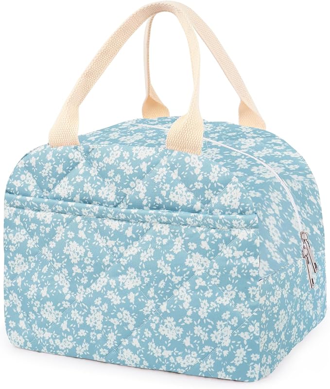 Cotton Quilted Insulated Lunch Bag, Cute Quilted Floral Lunch Tote Bags Reusable Insulated Lunch Box Coquette Aesthetic Large Capacity Insulated Cooler for Women Men Work Travel Picnic (Light Blue)
