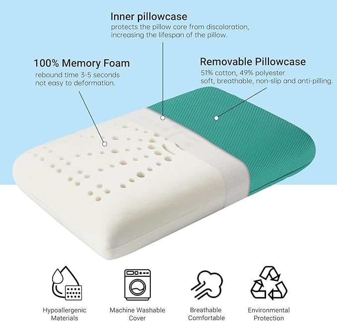 Memory Foam Camping Pillow, Travel Pillow,Small Pillows with Travel Storage Bag, Camping Pillow for Backpacking, Double-Layered Pillow Cover (Emerald Green)