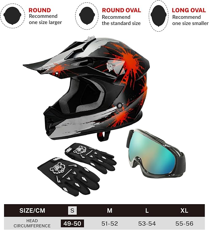 TCT-MOTORPARTS DOT Youth Kids Motocross ATV Helmets Offroad Street Dirt Bike Go-Kart BMX MX Full Face Helmet Black w/Red Fireworks Samll Size