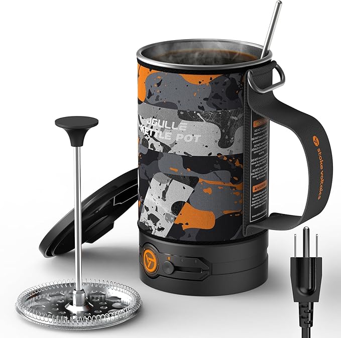 Electric French Press Coffee Maker, 120V Boil Water & Press Coffee 2-in-1, Portable Design for Camping, Travel, 6 Minute Brew Ready