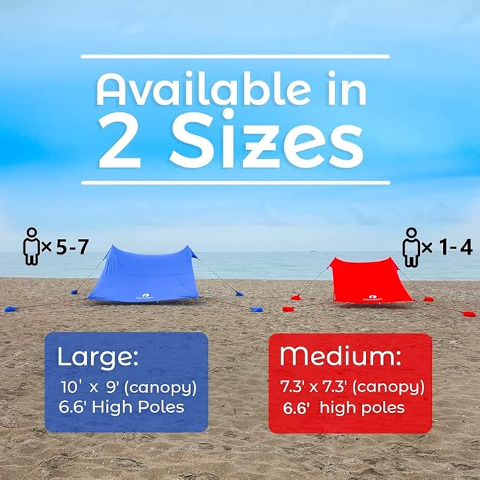 Red Suricata Family Beach Tent & Canopy, UPF50 Sun Shade, 4 Aluminum Poles, Sand Shovel, Large Portable Sun Shelter