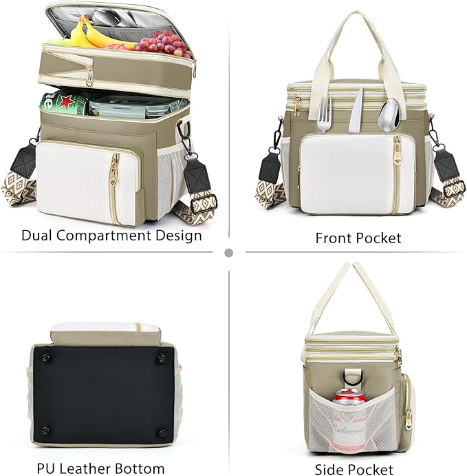LOKASS Lunch Box for Women/Men-16L-Insulated Lunch Bag, Expandable Double-layer Leakproof Cooler Bag with Upgrade Adjustable Shoulder Strap Ideal for Work/Travel/Picnics（Beige&White）