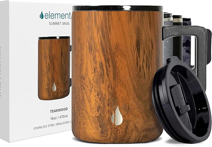 Elemental Insulated Coffee Mug - Triple-Wall Stainless Steel Summit Travel Cup for Hot and Cold Drinks - Thermal Coffee Mug with Lid and Handle for Camping, Office & Travel 16oz - Teakwood