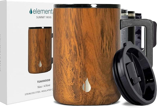 Elemental Insulated Coffee Mug - Triple-Wall Stainless Steel Summit Travel Cup for Hot and Cold Drinks - Thermal Coffee Mug with Lid and Handle for Camping, Office & Travel 16oz - Teakwood